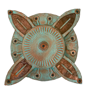 Carol Cole's wall work titled Spinner  Handmade paper, paint, found objects 24” x 24” 